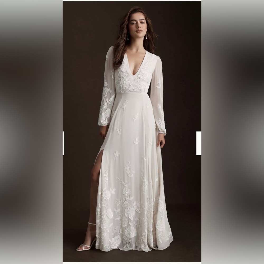 BHLDN Ivory Nassau Long-Sleeve Deep-V Embroidered Side-Slit Wedding Gown